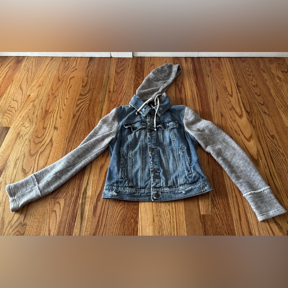 Free People Women’s Distressed Denim Jacket with Gray Sleeves and Hood - Small